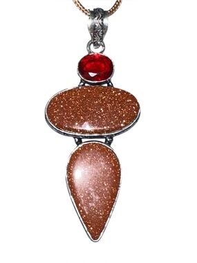 Goldstone and Red Glass Pendant Necklace - Women Jewelry